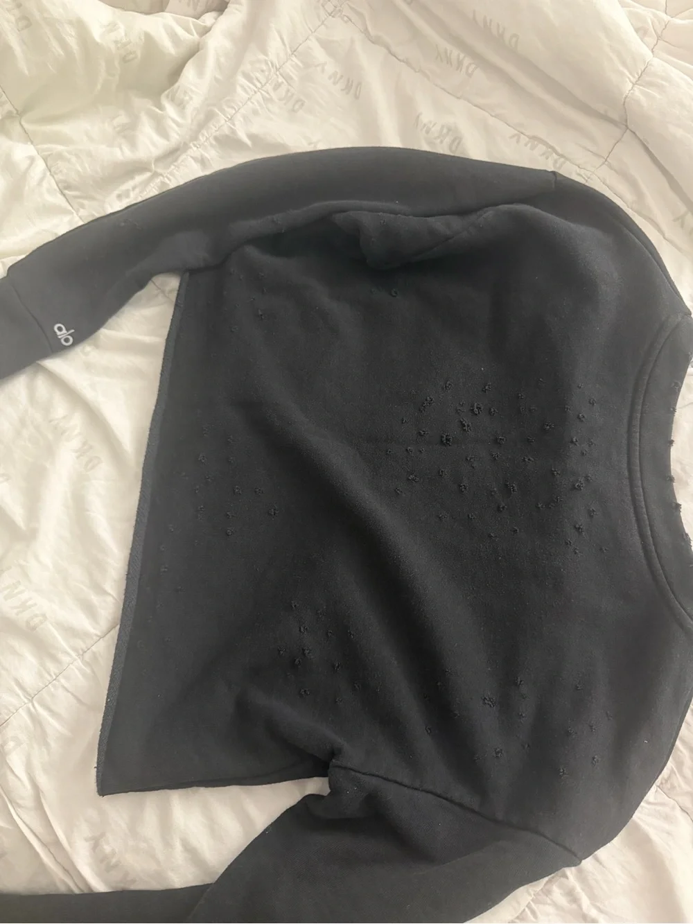 ALO Yoga Black Cropped Distressed Crewneck Sweatshirt